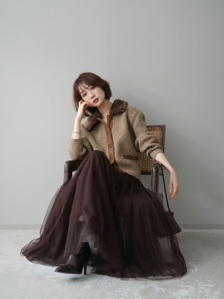 [SET]襟ボアミックスヤーンニットカーディガン+チュールボリュームスカート(2set)