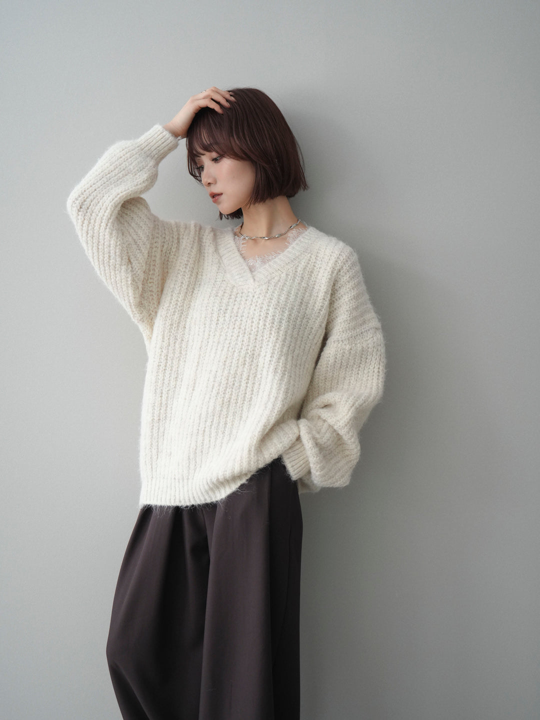 [SET]Vネックレースニットプルオーバー+ベルトループデザインワイドパンツ(2set)