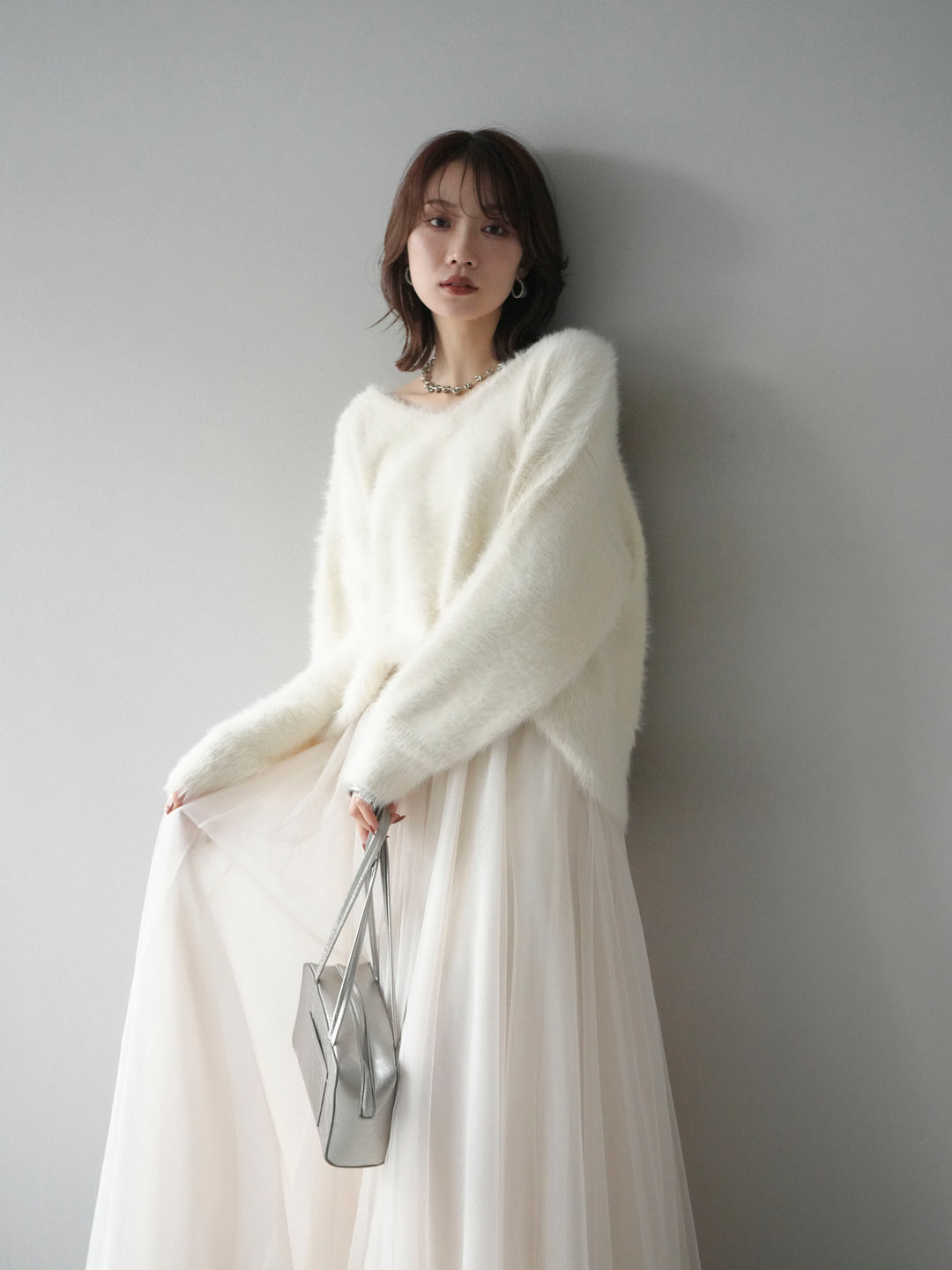 [SET]バックリボンVネックシャギーニットプルオーバー+選べるアクセセット(2set)