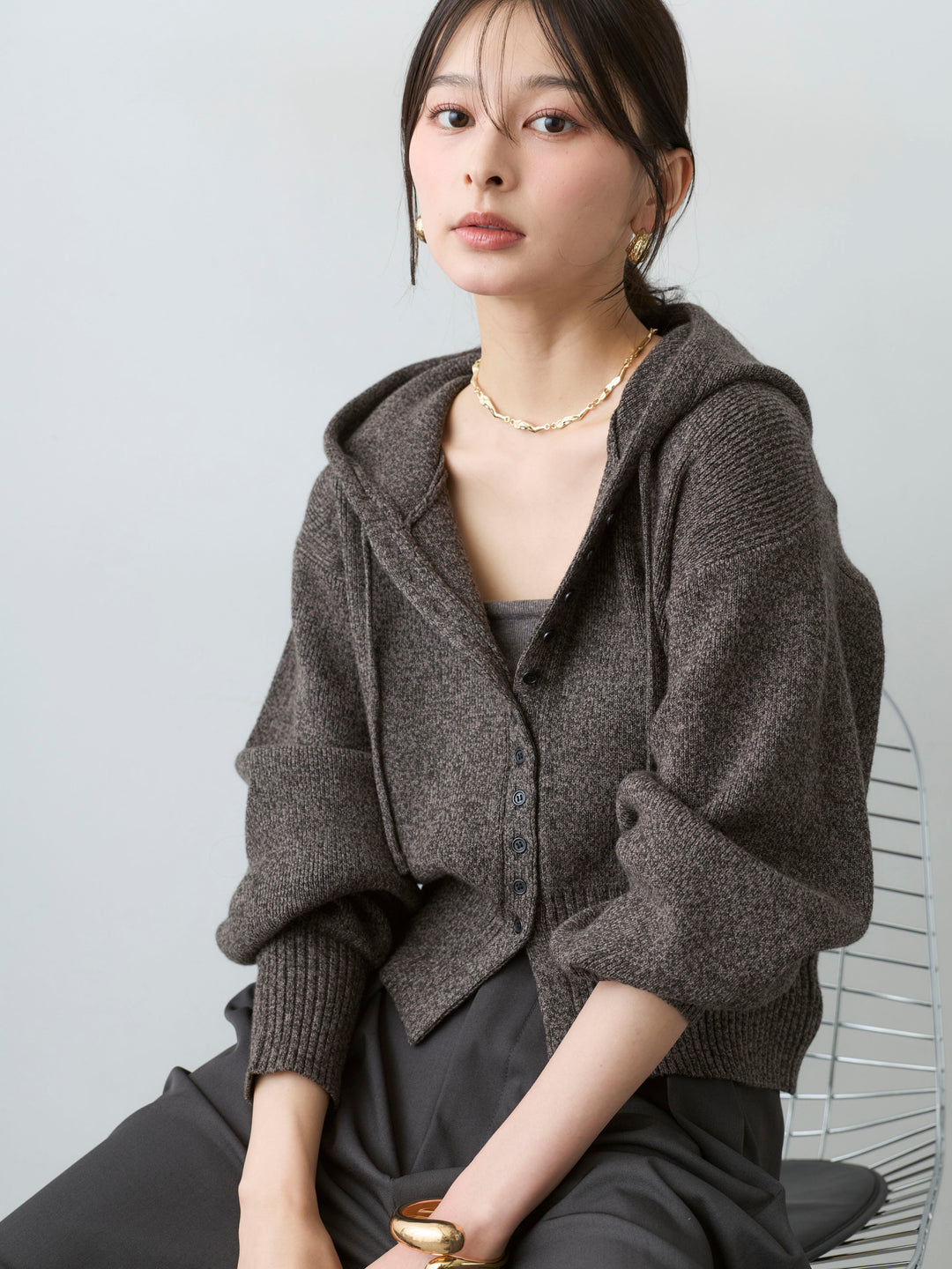 [SET]メランジボリュームスリーブフードニットカーディガン+ツイルタックワイドパンツ(2set)