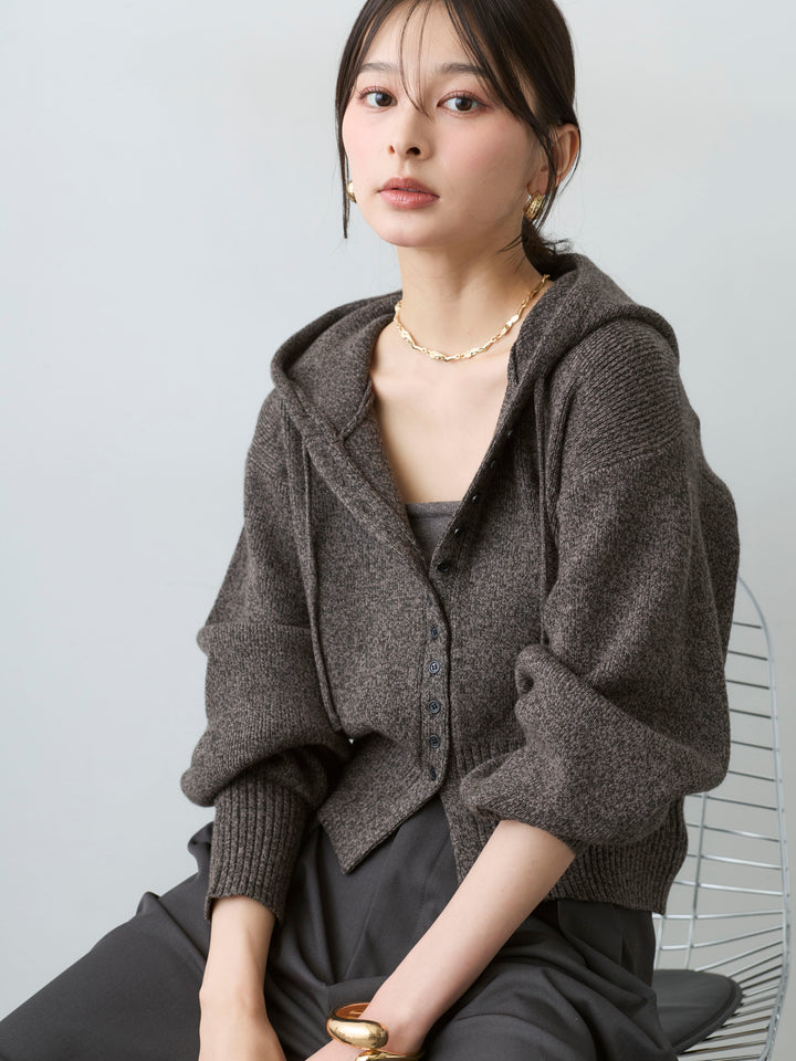 [SET]メランジボリュームスリーブフードニットカーディガン+ツイルタックワイドパンツ(2set)
