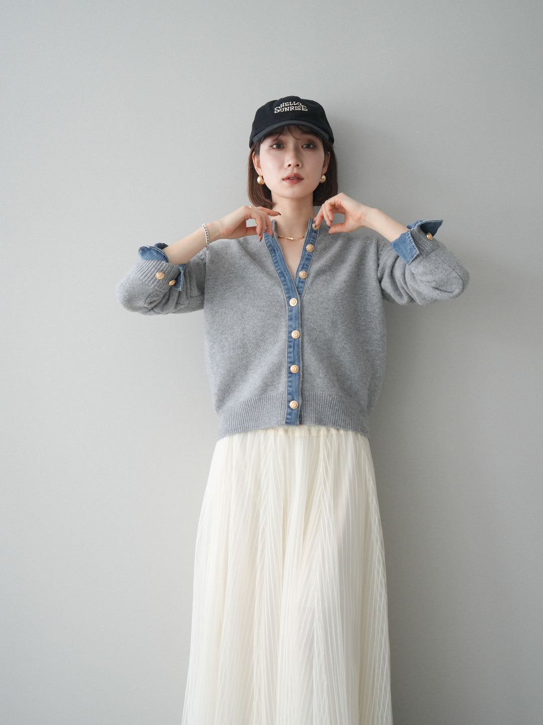 [SET]クルーネックデニムドッキングニットカーディガン+選べるアクセセット(2set)