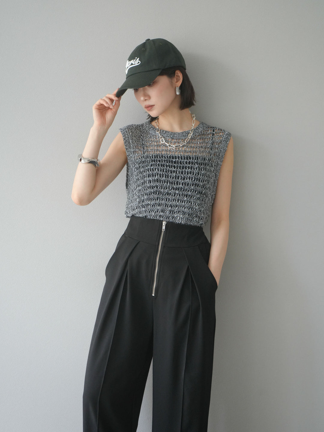 [予約]ミックスヤーン透かし編みニットタンクトップ/ブラック