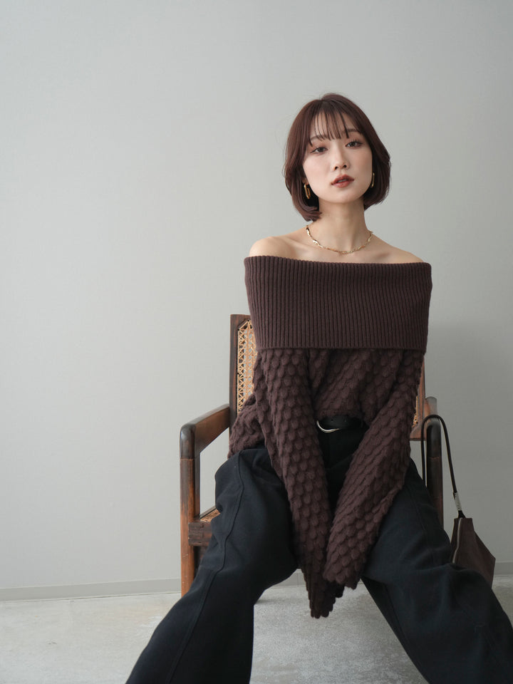 [予約]ポコポコ編みオフショルニットプルオーバー/brown
