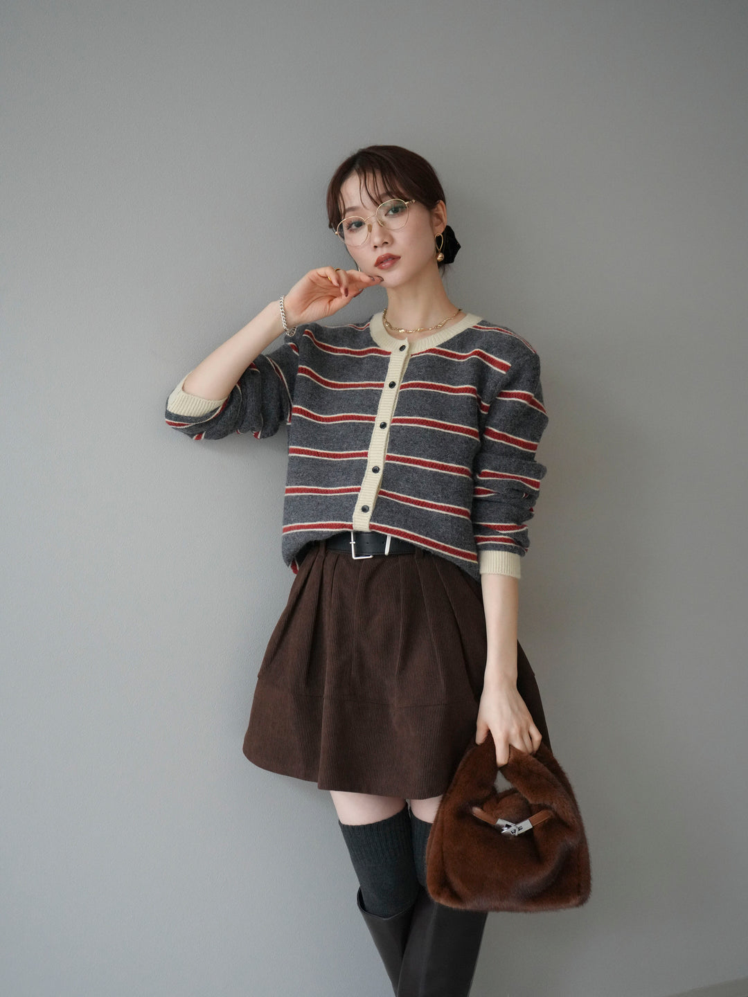 [予約]配色ボーダーニットカーディガン/gray