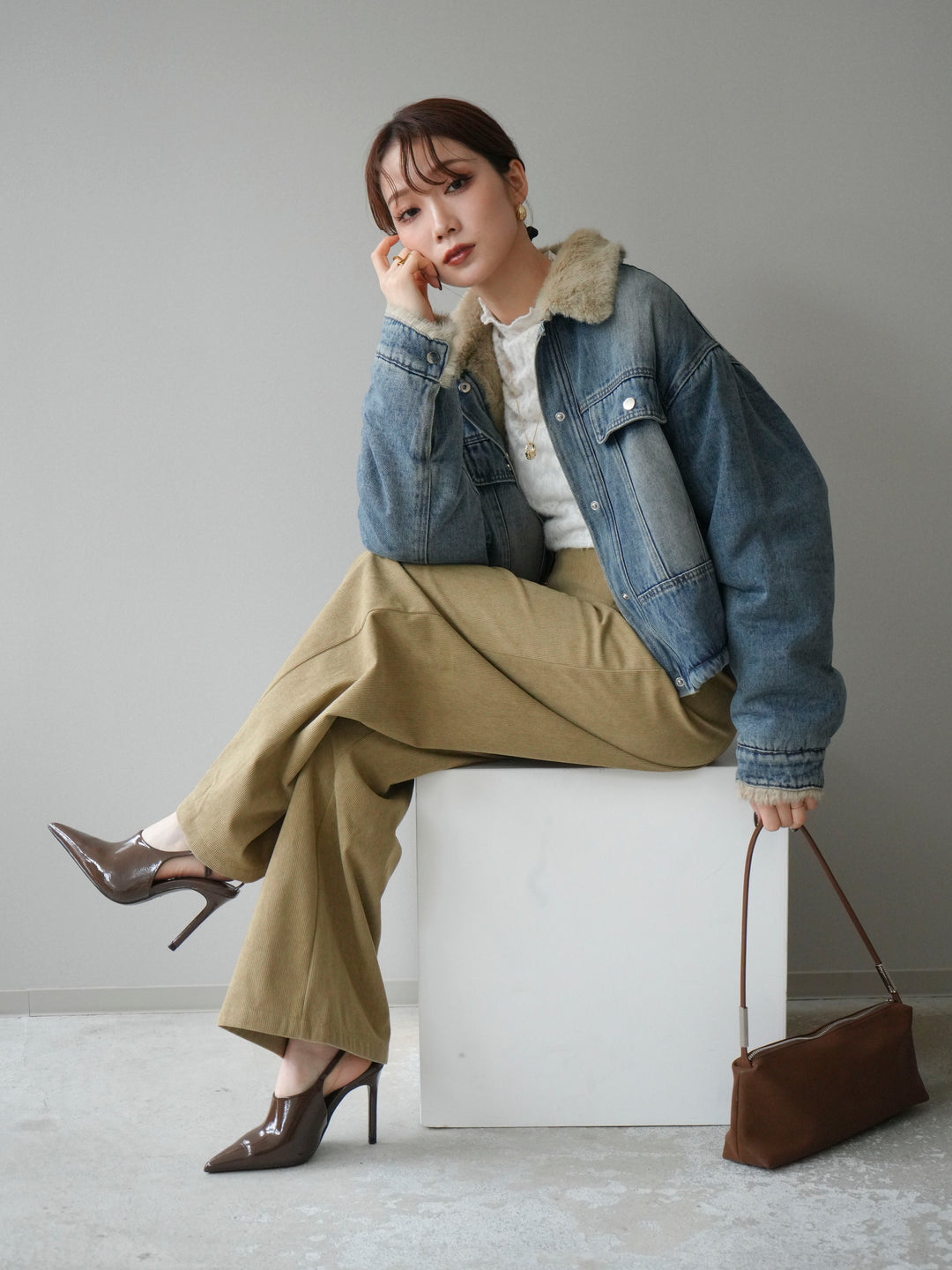 [予約]デニム×ファーステンカラーショートジャケット/lightblue