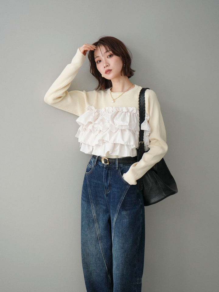 [SET]フリルビスチェドッキングスポンジニットプルオーバー+フリルビスチェドッキングスポンジニットプルオーバー(2set)