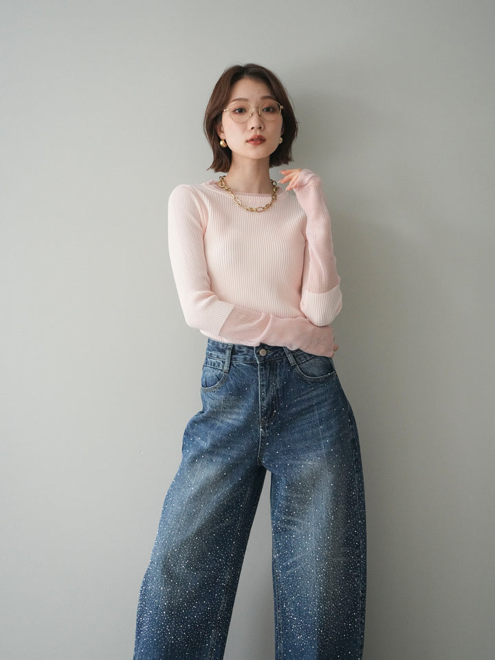 [SET]リブラメシアー切替リブニットトップス+ラインストーンカーブデニムパンツ(2set)