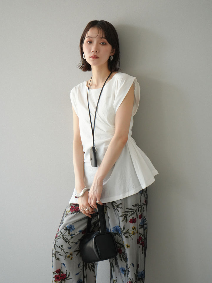 [SET] 側扭法式上衣+植物圖案休閒褲+繩繡薄紗疊穿褲（3件套裝）