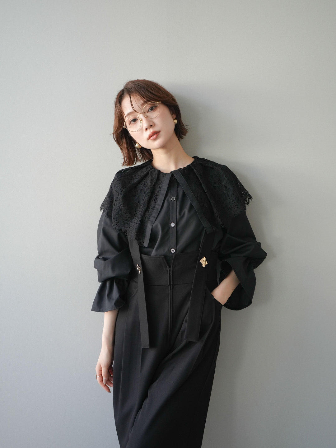 [予約]ビッグレースカラーブラウス/black