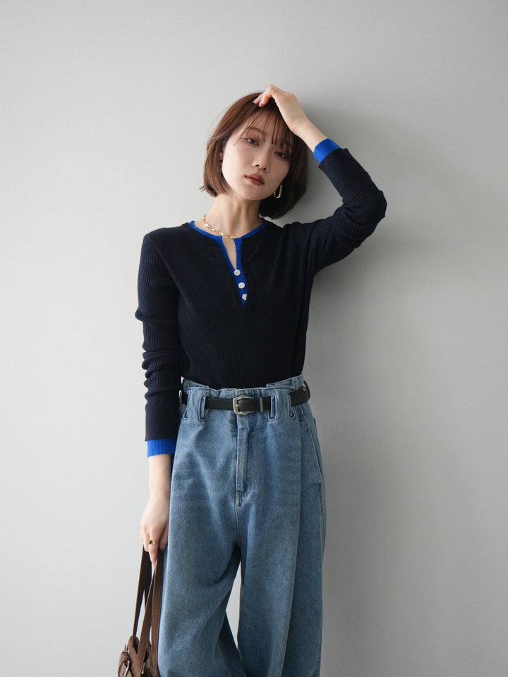 [SET]バイカラーキーネックリブニットトップス+ハイウエストベルトループデザインデニムパンツ(2set)