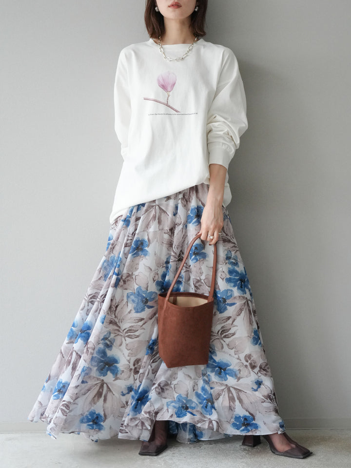 [予約]フラワープリントボリュームフレアスカート/ブルー