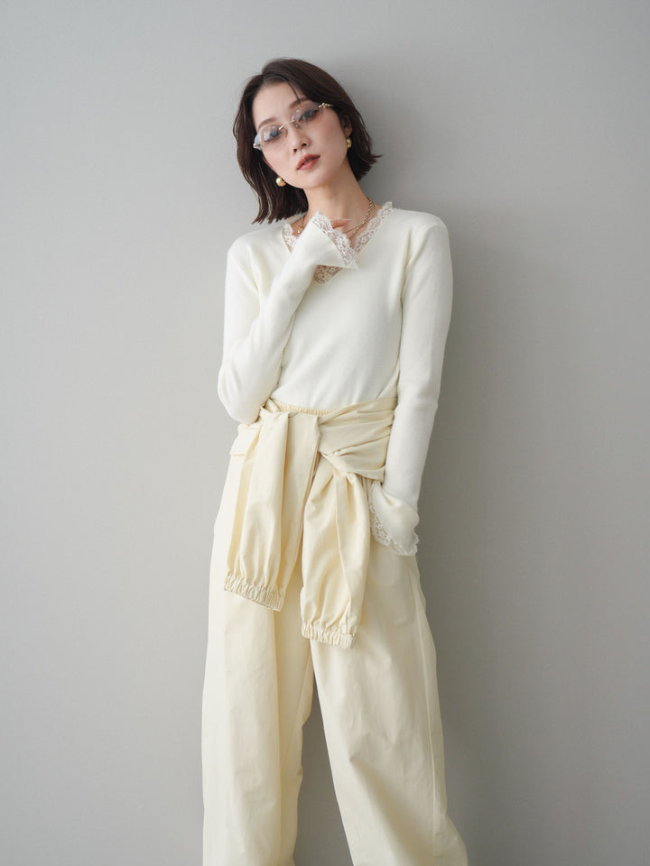 [SET]レースドッキングVネックニットトップス+ウエスト巻きデザインドロストコットンナイロンパンツ(2set)