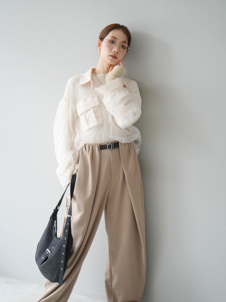 [SET]フリンジジャガード×チュールレイヤードシャツ+アームシャギーランダムリブニットトップス+ベルト付タックワイドパンツ(3set)