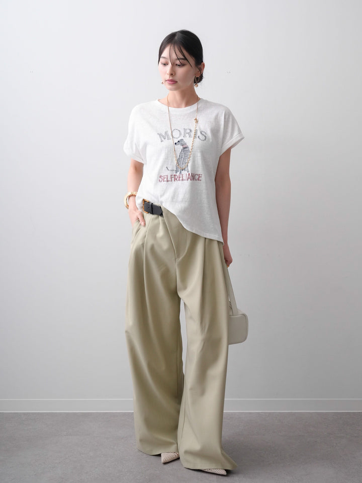 [SET]ドッグエンブロイダリーTEE+アシンメトリーベルトタックワイドパンツ(2set)