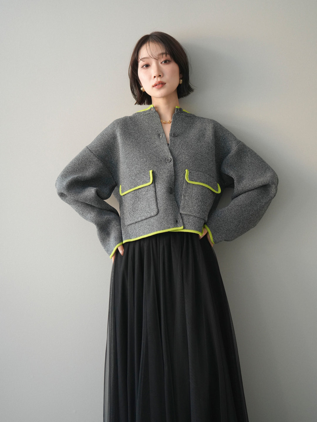 [SET]ポリエステル配色ニットカーディガン+ポリエステル配色ニットカーディガン(2set)