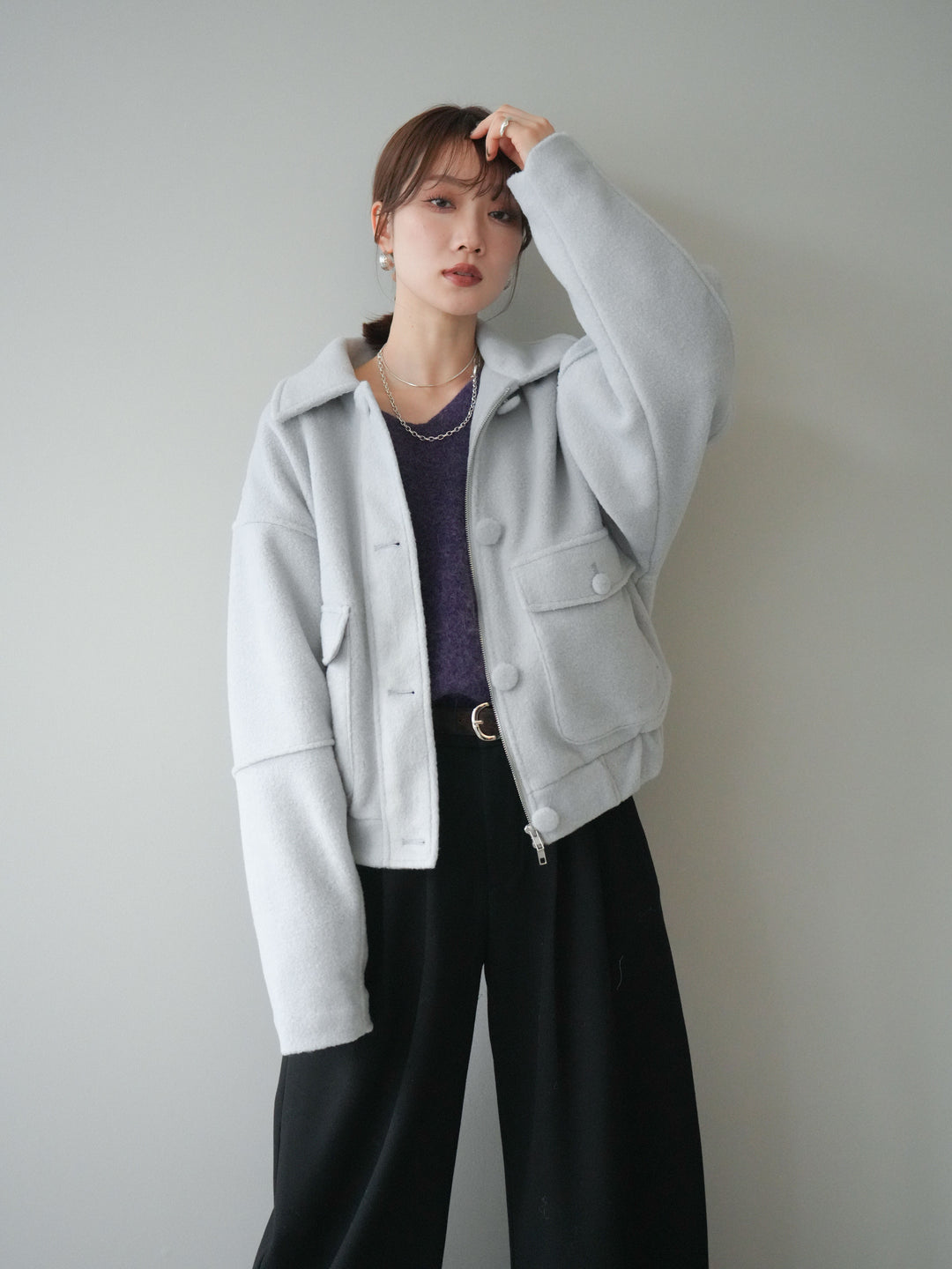 [SET]ウールライクフライトジャケット+シュシュ付きアンゴラタッチVネックニットプルオーバー+アニマル柄ベルト付きウールタッチワイドパンツ(3set)