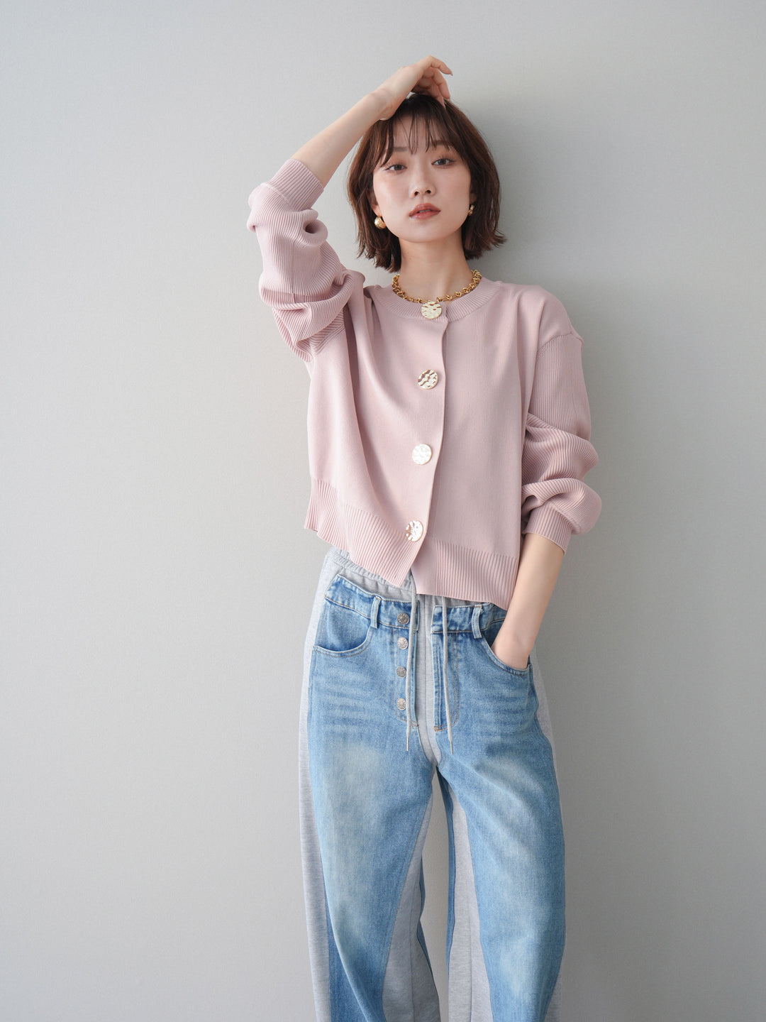 [SET]メタルボタンクルーネックニットカーディガン+選べるアクセセット(2set)