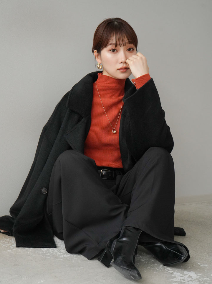 [SET]フェイクビーバーミドルコート+袖ボタンハイネックリブニットトップス+ベルト付ウールタッチワイドパンツL(3set)