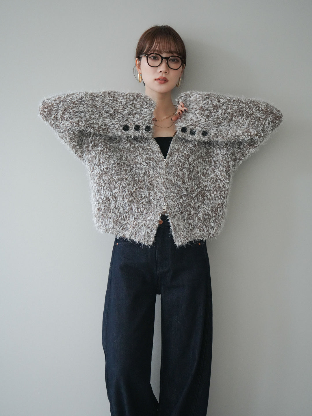 [予約]ミックスシャギージップニットカーディガン/brown