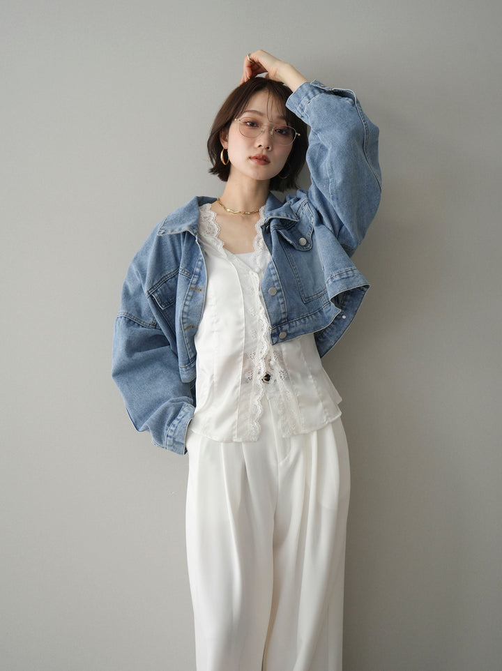 [SET]デニムショートシャツジャケット+ノースリサテンレースキャミソール+編み込みベルト付タックワイドパンツ(3set)