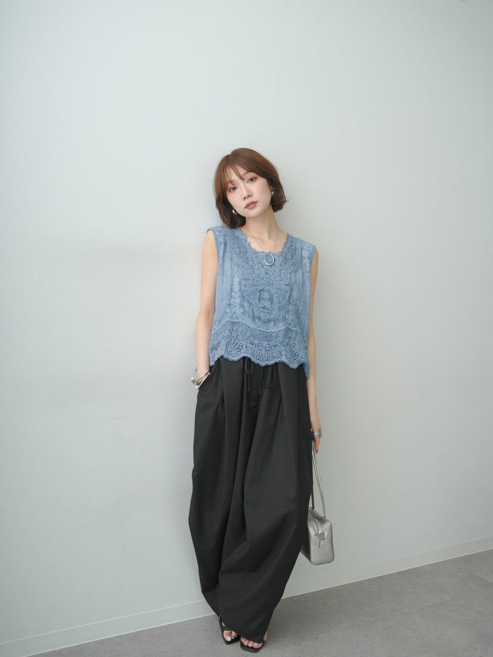 [SET]アンティークレースノースリトップス+ベルトループカーブタックワイドパンツ(2set)