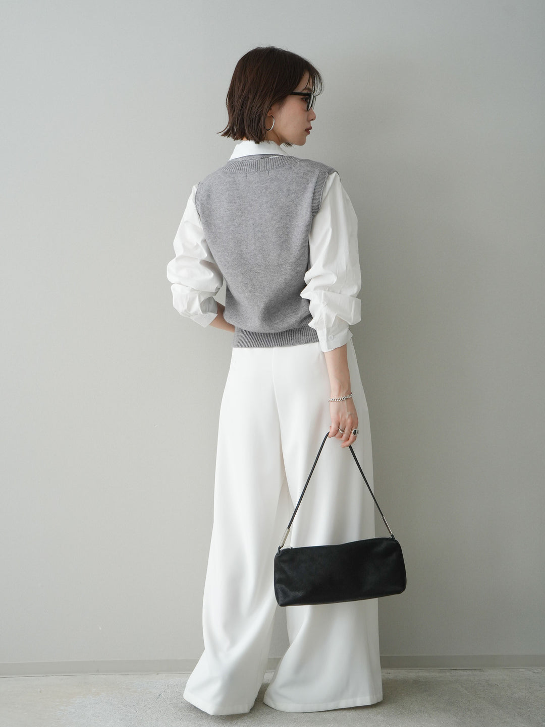 [予約]編み込みベルト付タックワイドパンツ/white