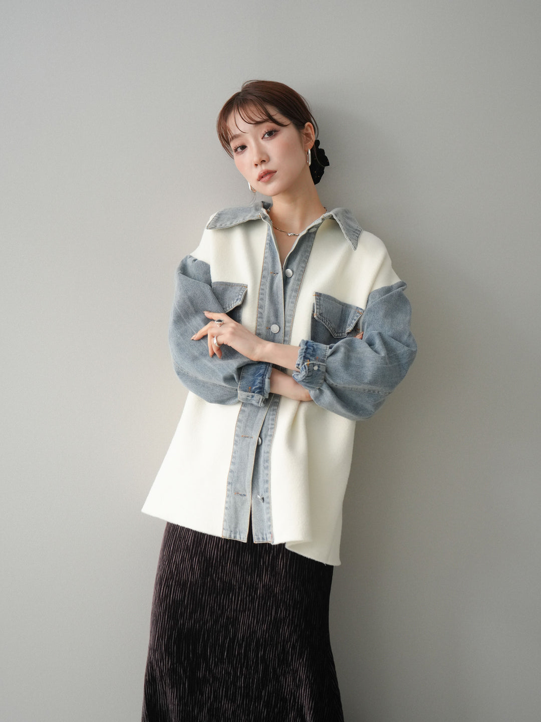 [予約]デニム襟ダブルフェイスニットカーディガン/white