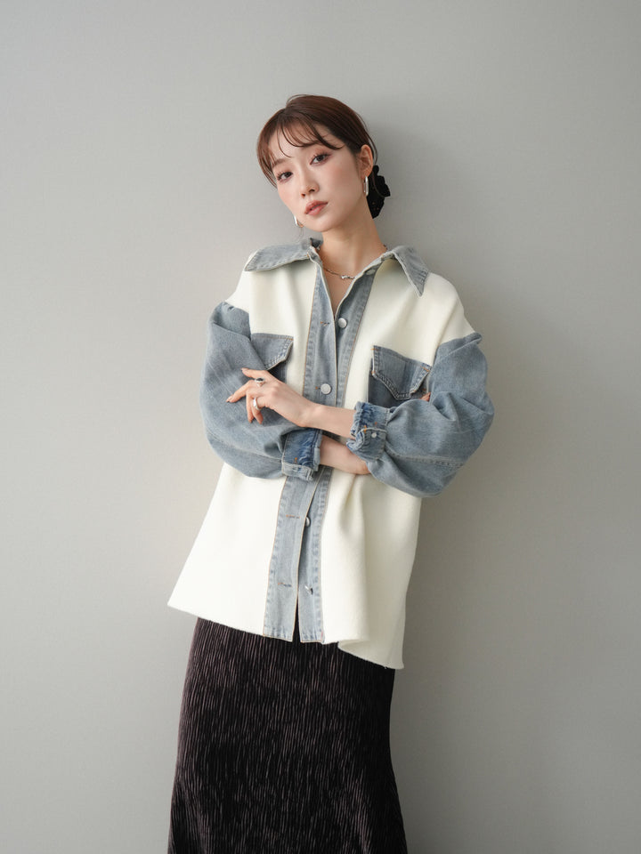 [予約]デニム襟ダブルフェイスニットカーディガン/white