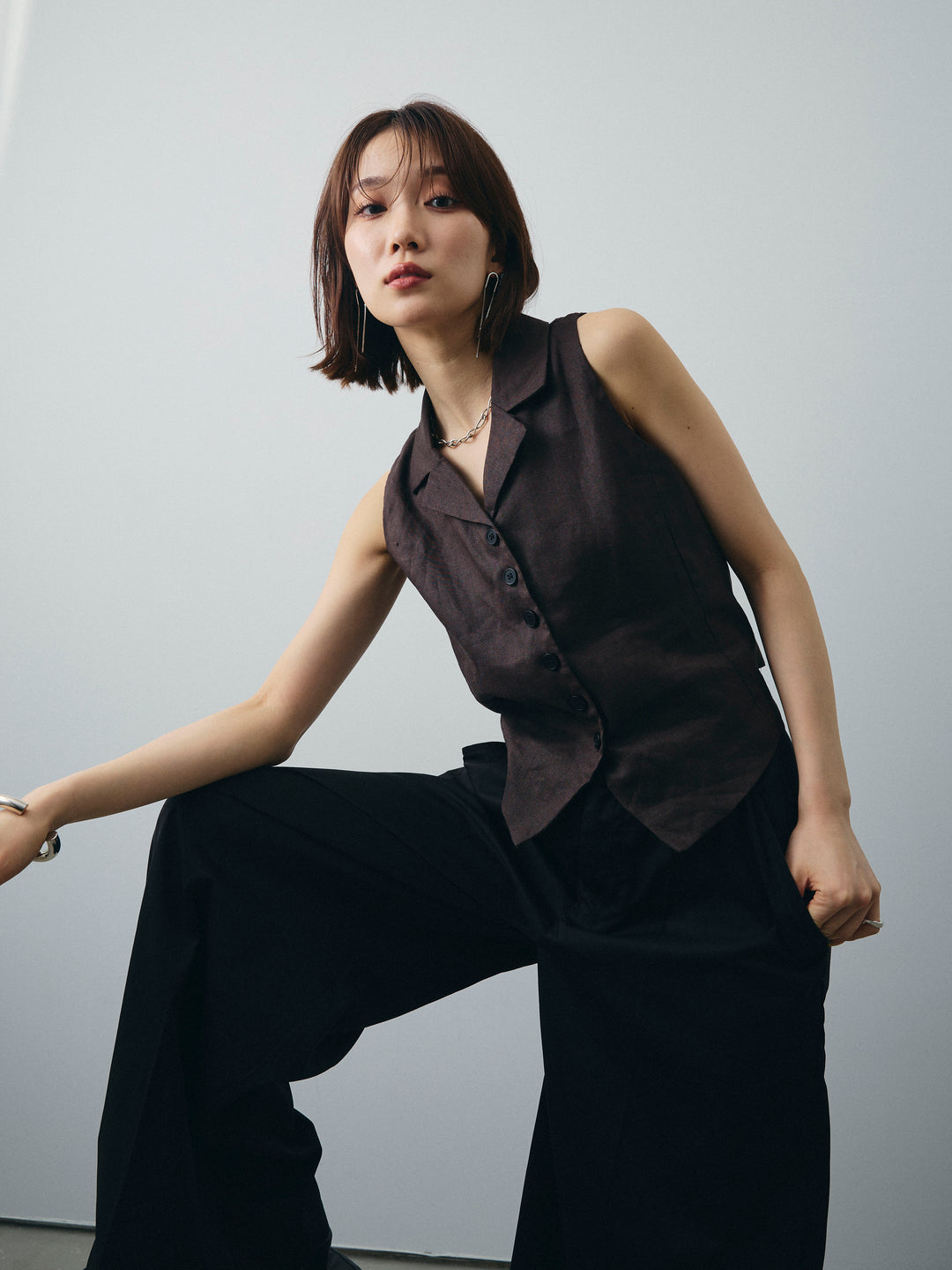 [予約]リネンライクテーラードジレ/ブラウン