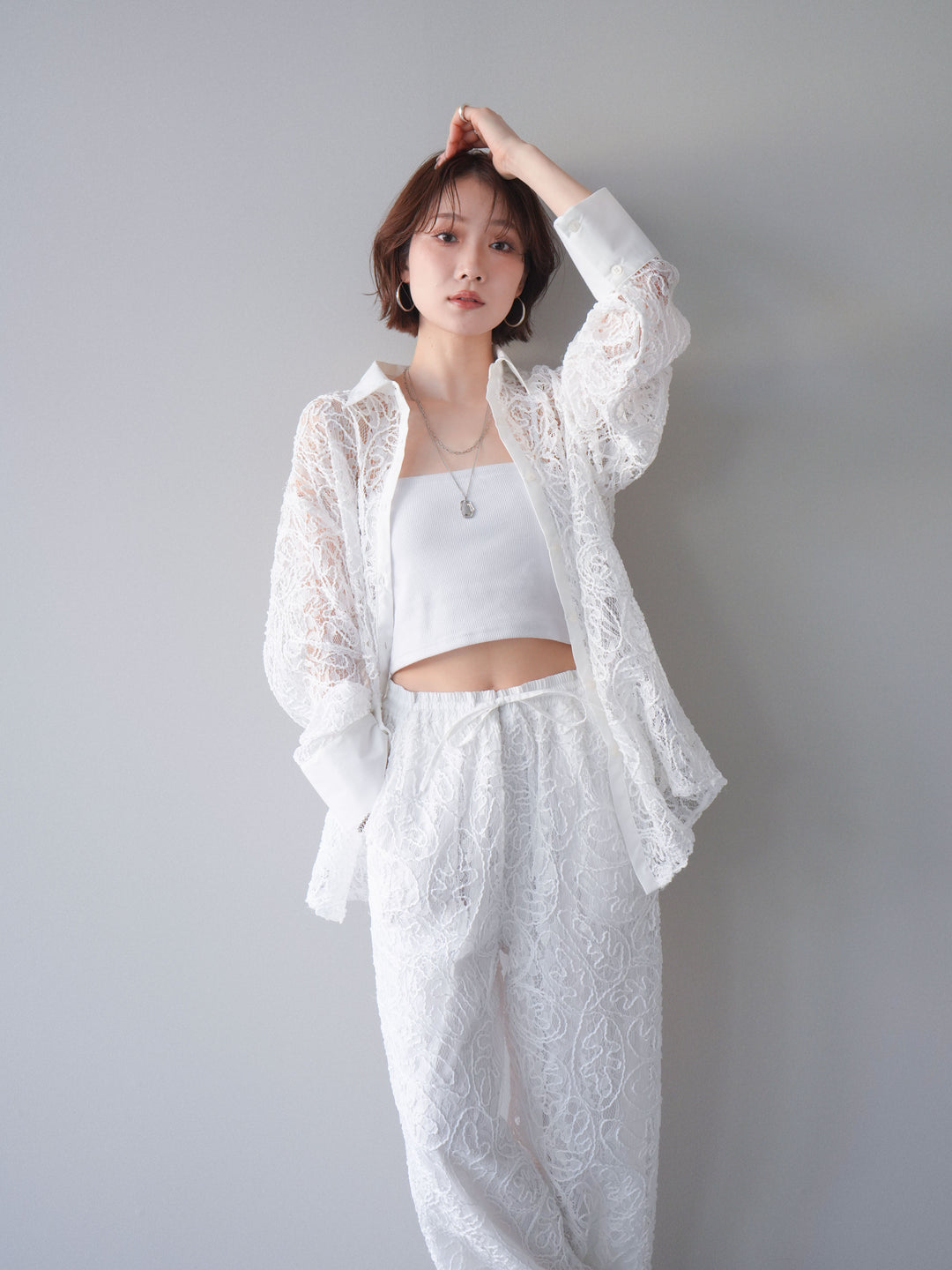 [SET]シアーコードレースオーバーシャツ+シアーコードレースイージーパンツ(2set)