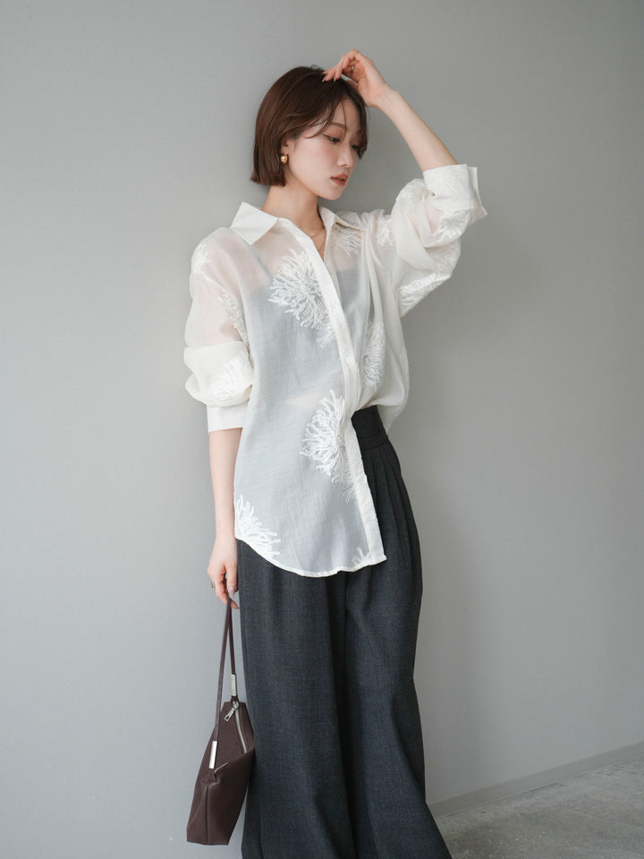 [SET]シアーエンブロイダリーシャツ+ダブルボタンドレープパンツ(2set)