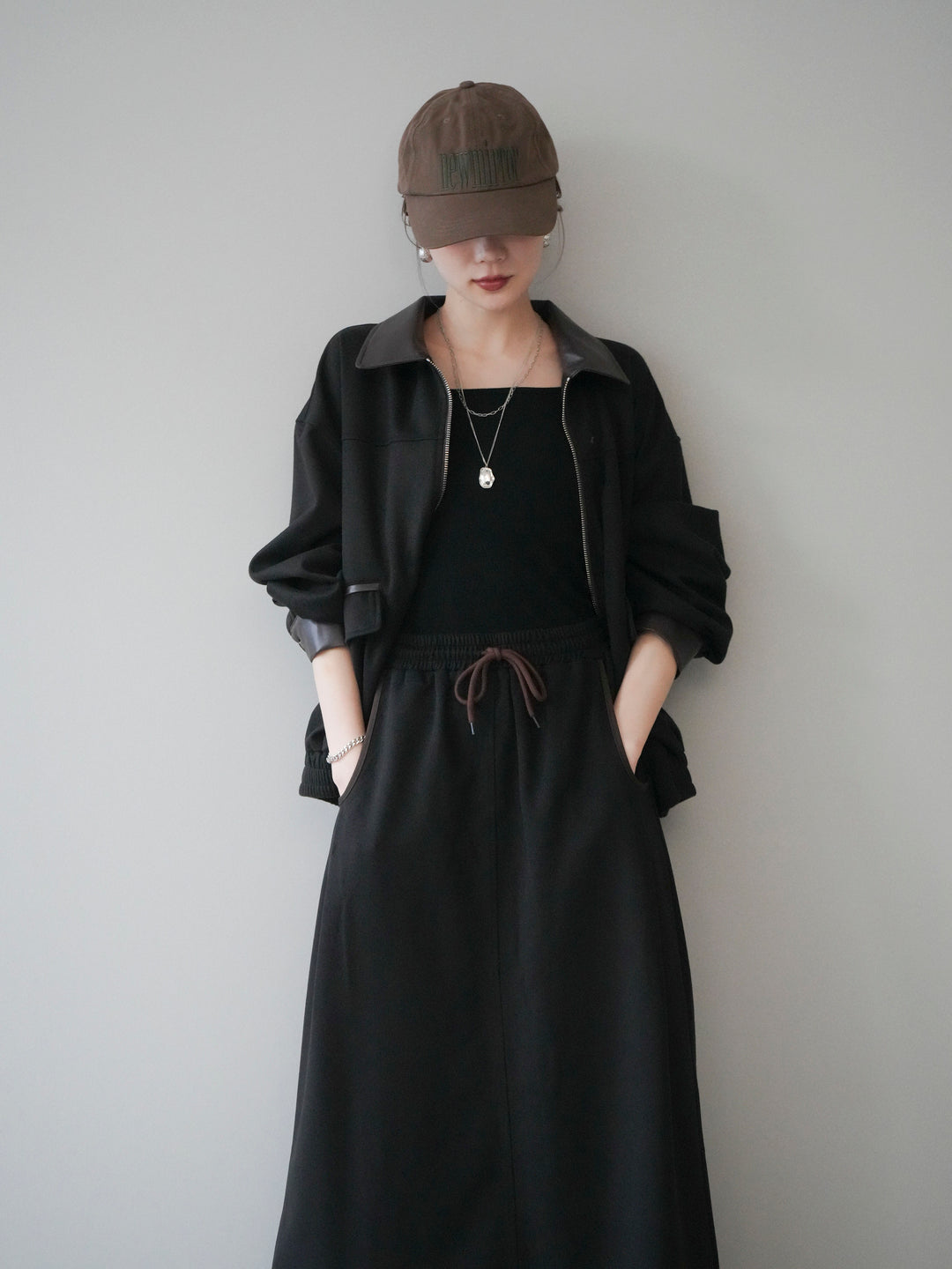 [予約]レザー襟配色パイピングブルゾン/black