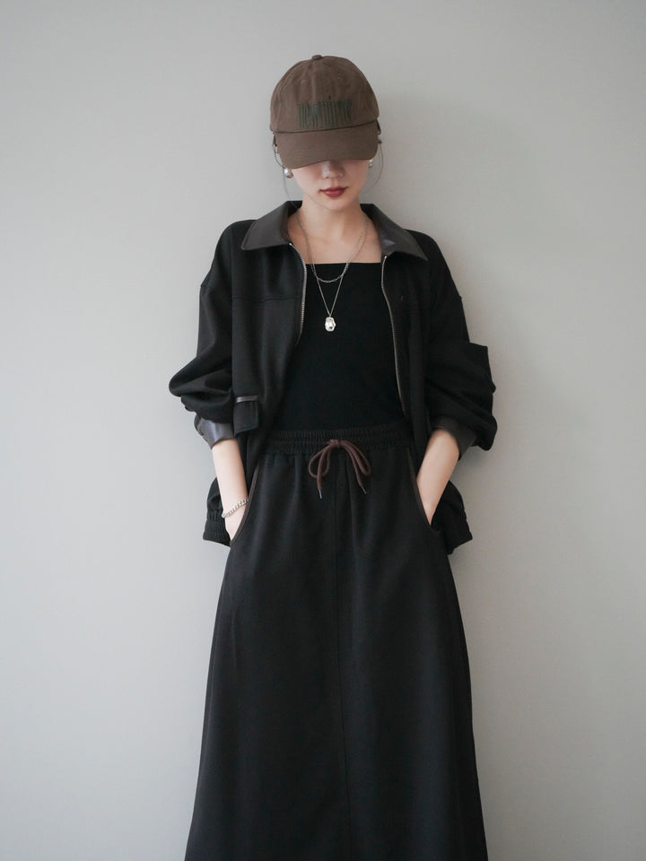 [予約]レザー襟配色パイピングブルゾン/black