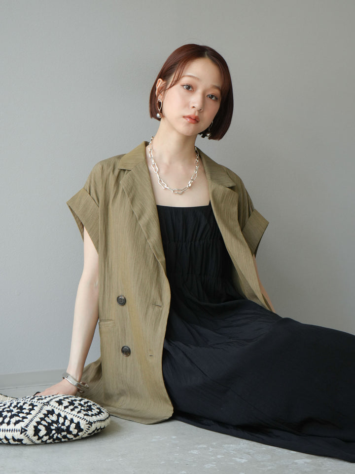 [SET]レーヨンシャーリングキャミワンピース+リネンライクノースリーブダブルジレ(2set)