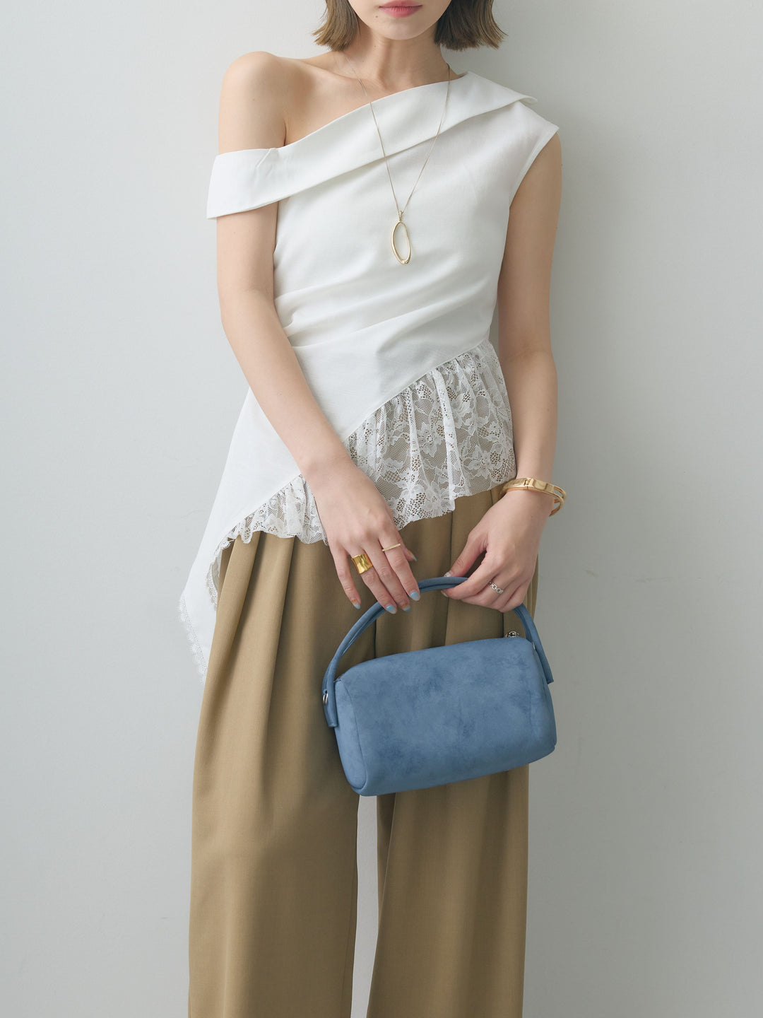 [SET]アシンメトリーラッフルレースヘムトップス+クレープデシンタックワイドパンツ(2set)