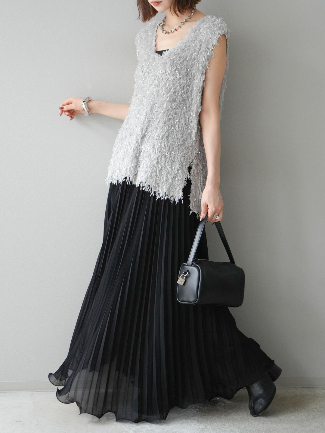 [予約]シフォンプリーツパイピングスカート/ブラック