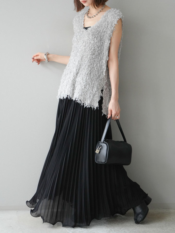 [予約]シフォンプリーツパイピングスカート/ブラック