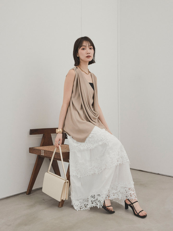 [SET]ドライタッチドレープニットプルオーバー+スカラップレースロングスカート(2set)