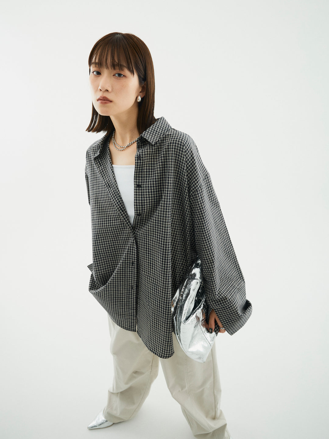 【Allure】[SET]チェックBIGカフスオーバーシャツ+タフタワイドカーブパンツ(2set)