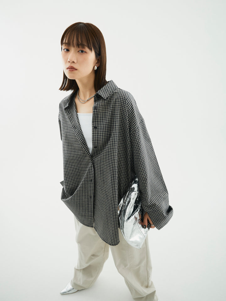 【Allure】[SET]チェックBIGカフスオーバーシャツ+タフタワイドカーブパンツ(2set)