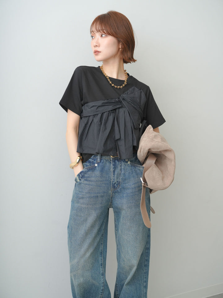 【着回しセット】[SET]ナイロンドッキングツイストTEE +クレープデシンフラップ付きストレートスカート+ストーンウォッシュルーズフィットデニム(3set)