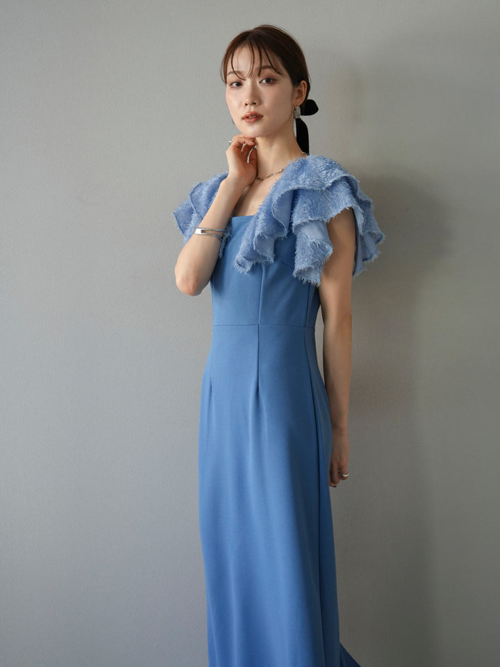 [予約]ジャガードフレアスリーブドレス/ブルー