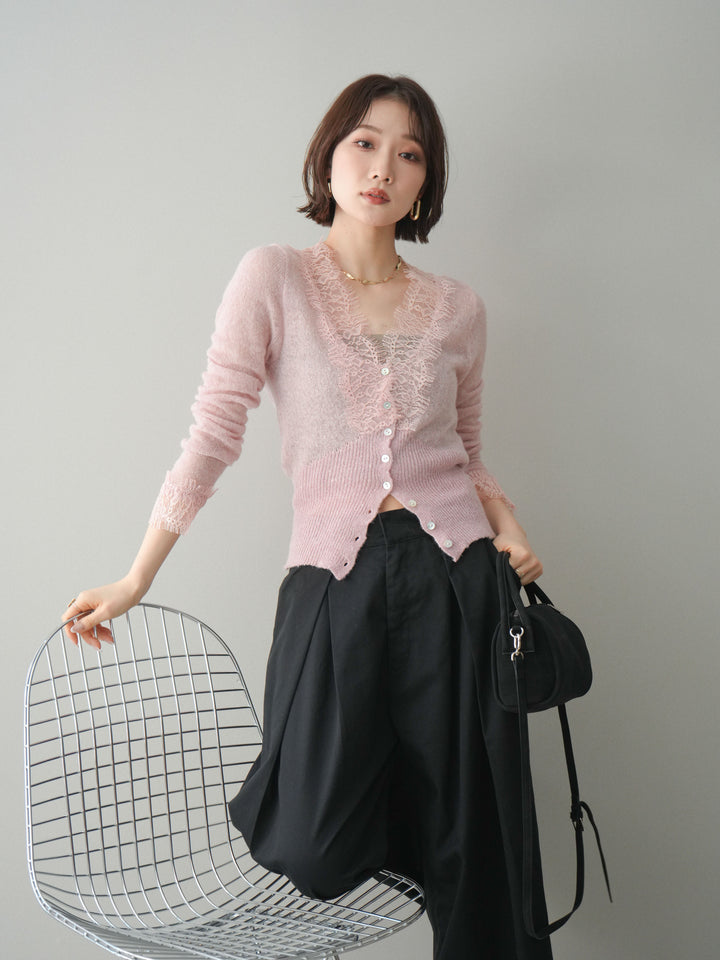 【預購】馬海毛觸感蕾絲針織開襟衫 / 粉紅色