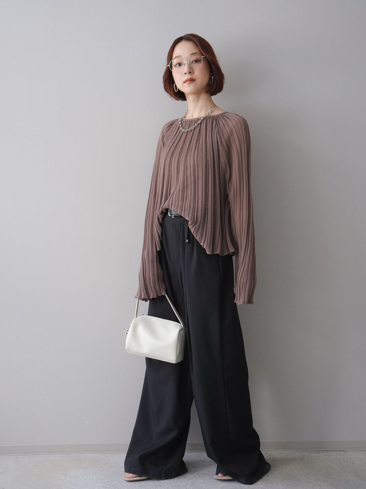 [SET]プリーツシアーフレアスリーブニットトップス+ベルト付キーホルダーモチーフワイドパンツ(2set)