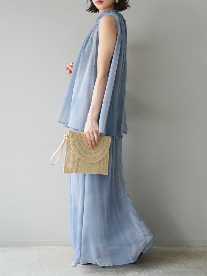 [SET]ニュアンスシアーホルターネックブラウス+ニュアンスシアーフレアスカート(2set)