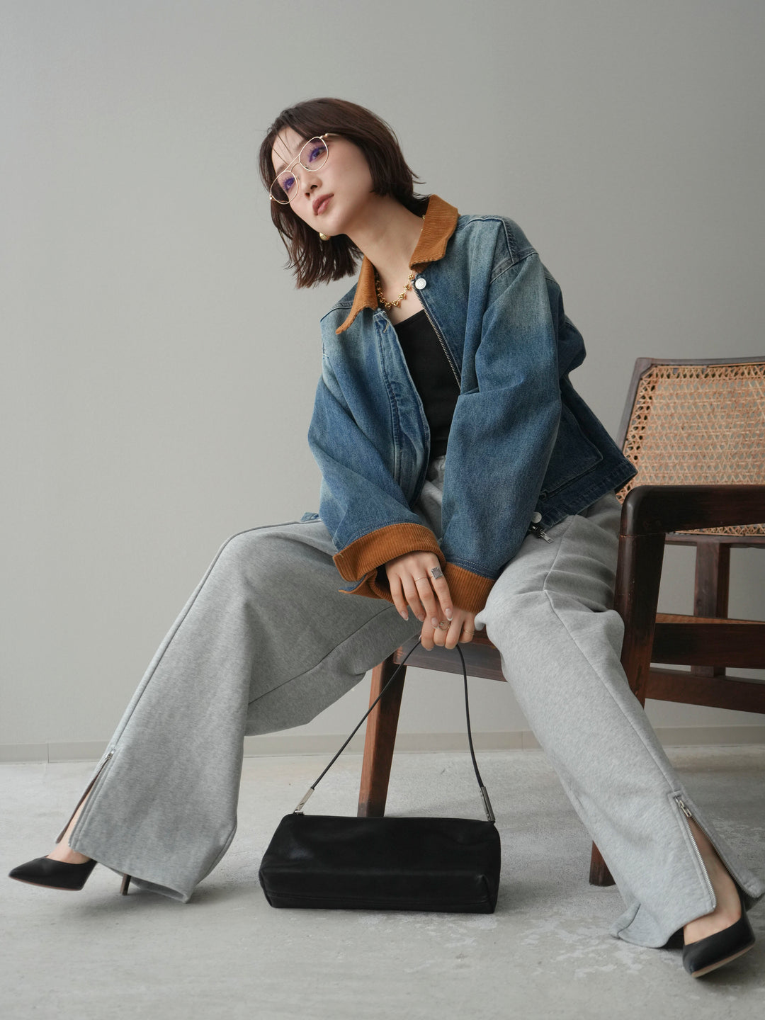 [予約]コーデュロイ×デニムショートカバーオール/blue