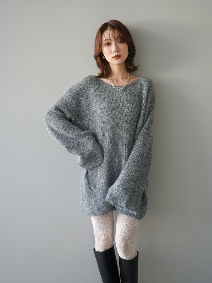 [予約]スパンコールミニシャギーニットチュニック/gray