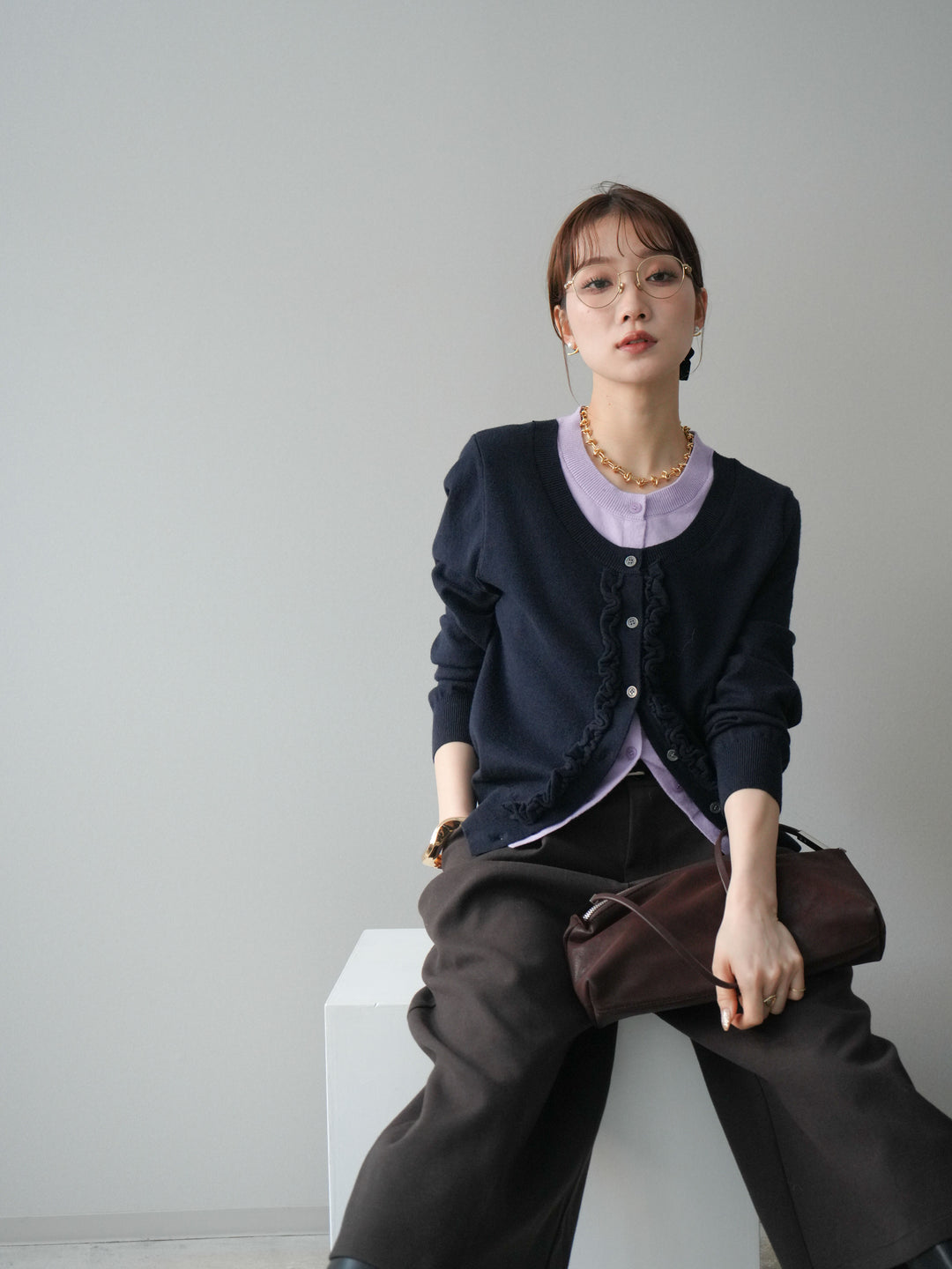 [予約]配色レイヤードフリルデザインニットカーディガン/black