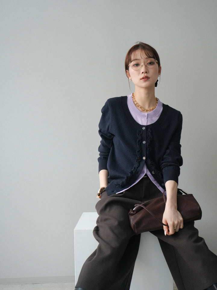 [予約]配色レイヤードフリルデザインニットカーディガン/black